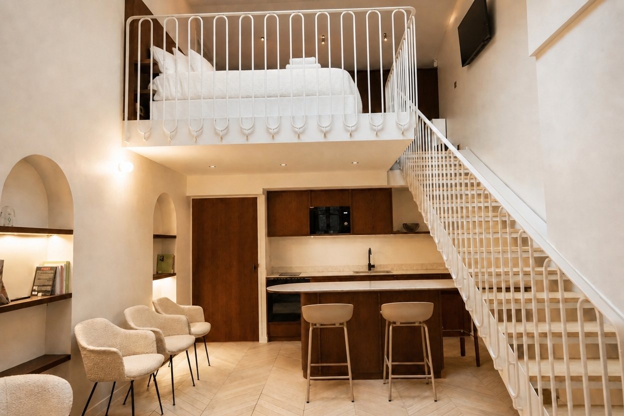 L'Appartement, cuisine et mezzanine