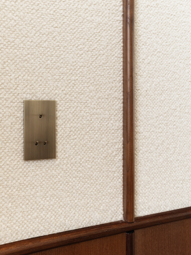 Détail interrupteur laiton sur bouclette ivoire, baguettes noyer